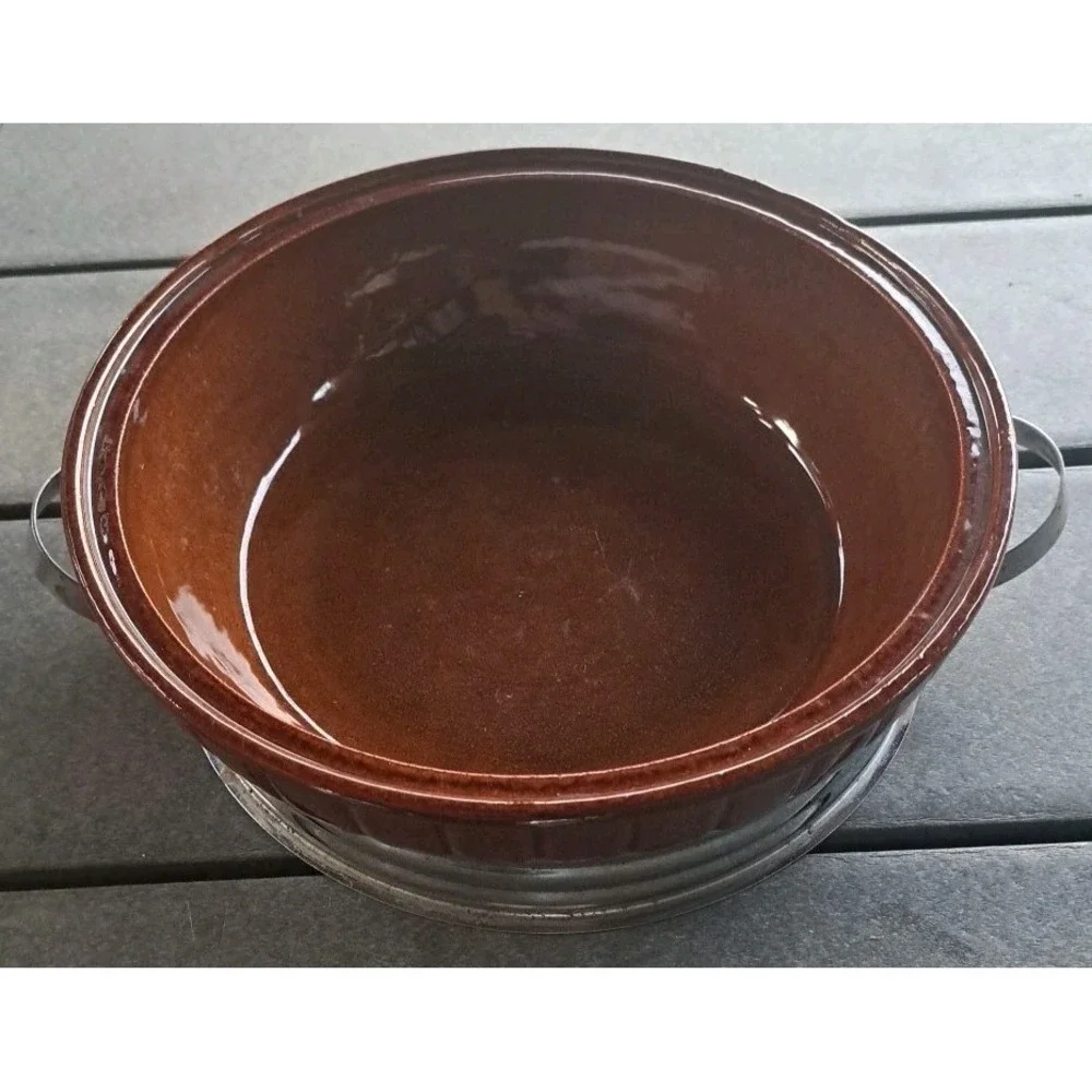 Vtg MCM Brown Betty Casserole Dish Lid &Cradle‎ Oven Proof Made In USA